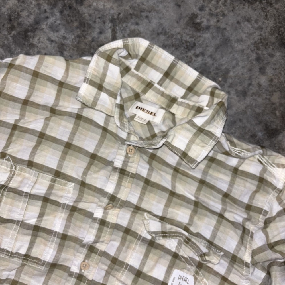 Diesel Shirt Mens Large White Olive Plaid Long Sleeve Classic Travel Button Up